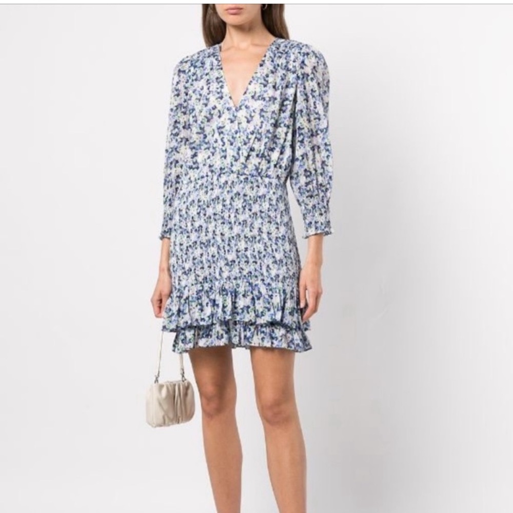 Floral Blue V-Neck Smocked Mini Dress
